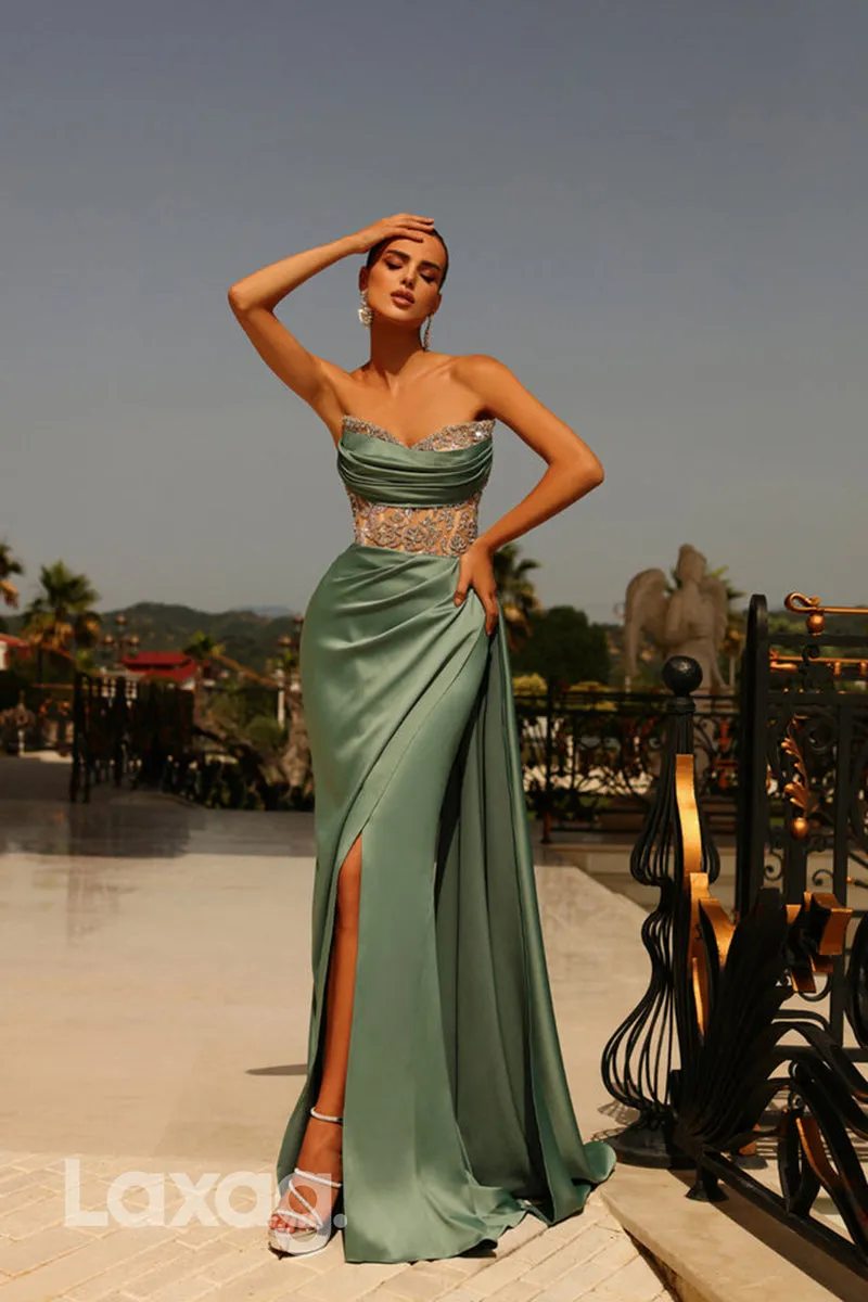 22164 - V-Neck Beaded illusion Draped Sleek Satin High Slit Party Prom Formal Evening Dress