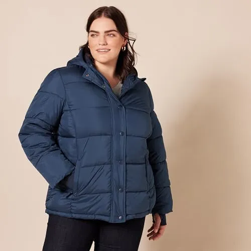 Amazon Essentials Women's Heavyweight Long-Sleeve Hooded Puffer Coat (Available in Plus Size), Navy, Large