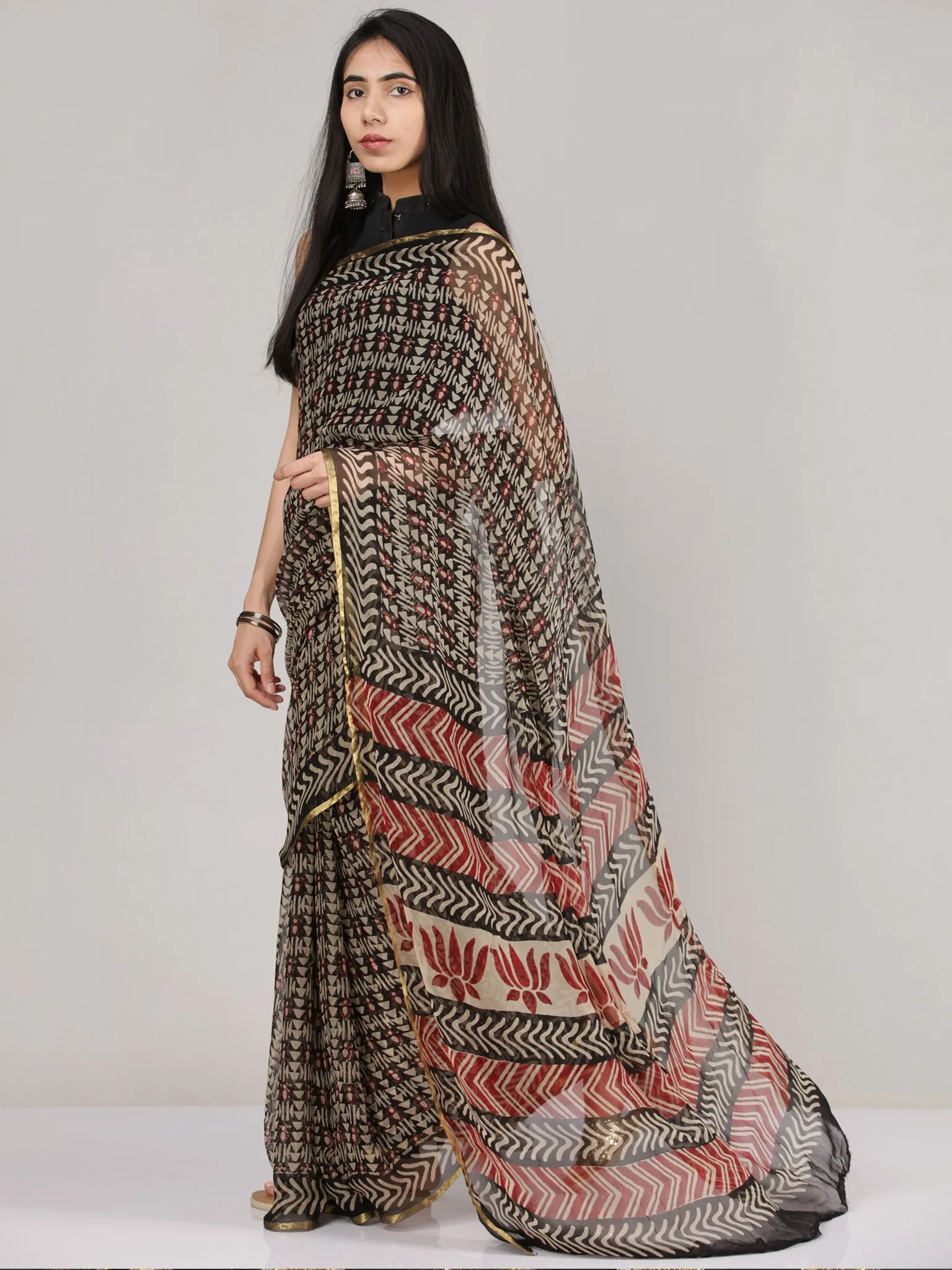 Black Beige Red Hand Block Printed Chiffon Saree With Zari Border - S031704683