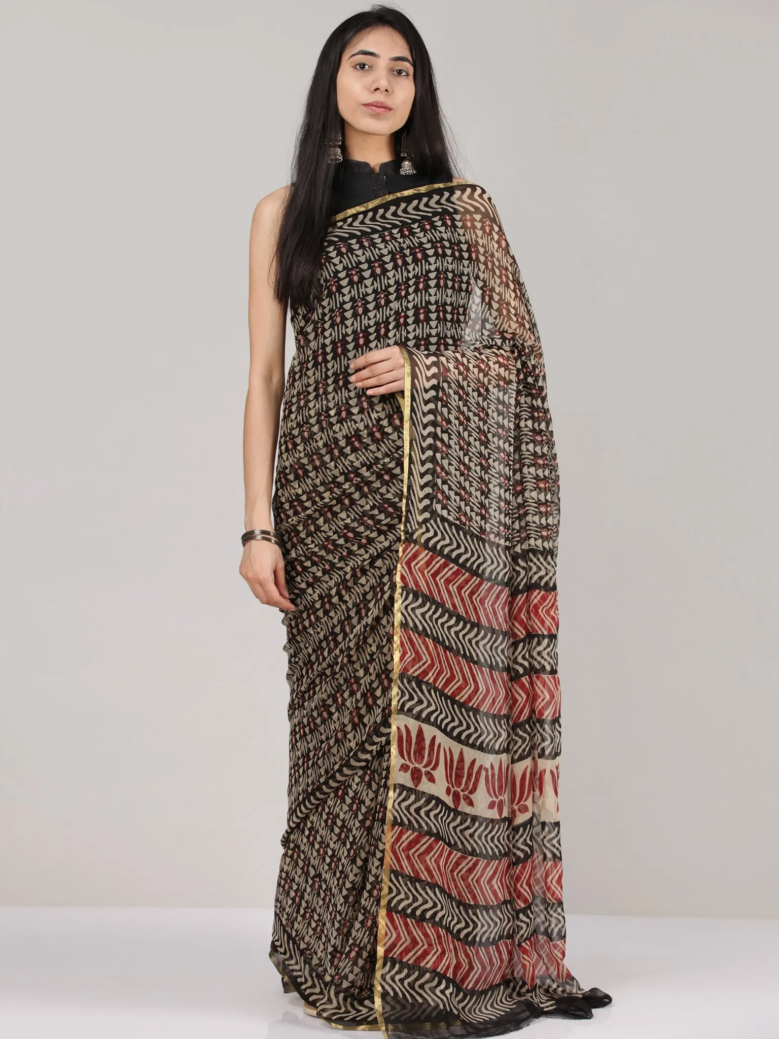 Black Beige Red Hand Block Printed Chiffon Saree With Zari Border - S031704683