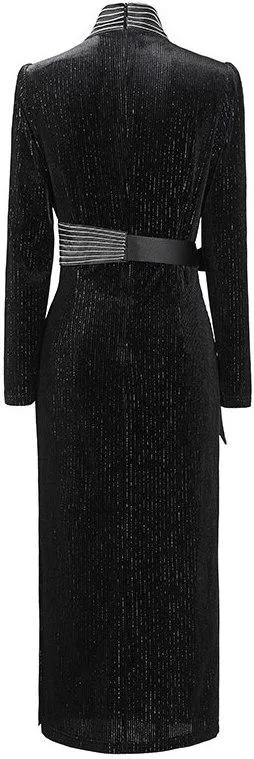 Black Glitter Velvet Bow Belted Dress