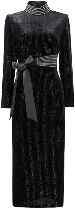 Black Glitter Velvet Bow Belted Dress