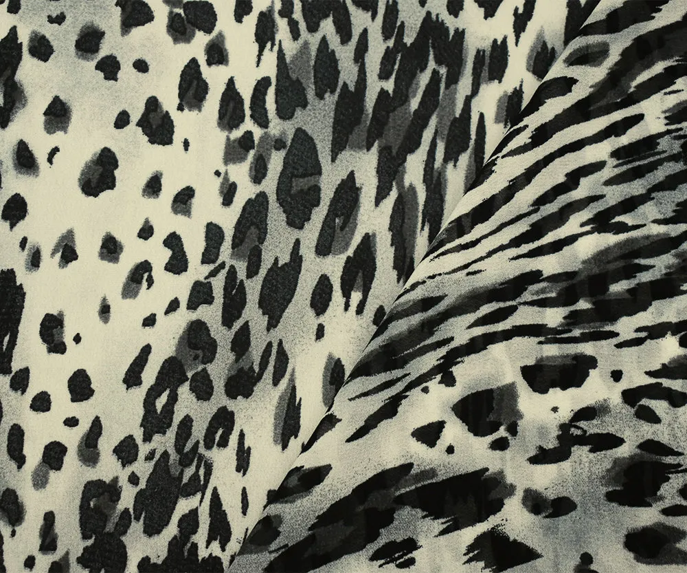 Black-Gray-Ivory Leopard Printed Poly Chiffon Woven Fabric