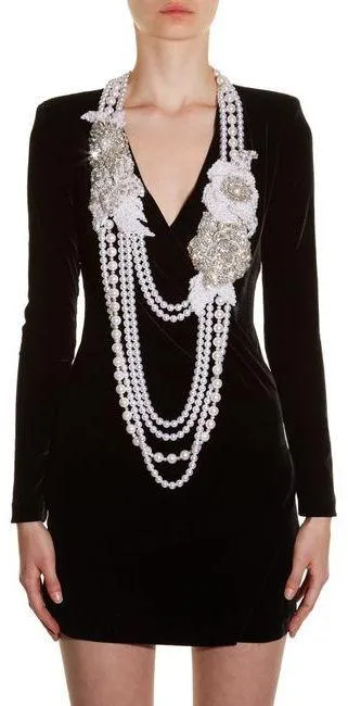 Black Necklace-Embellished Velvet Dress