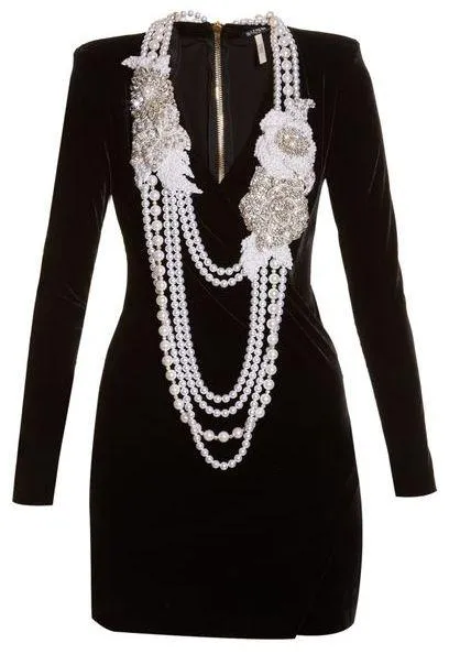 Black Necklace-Embellished Velvet Dress