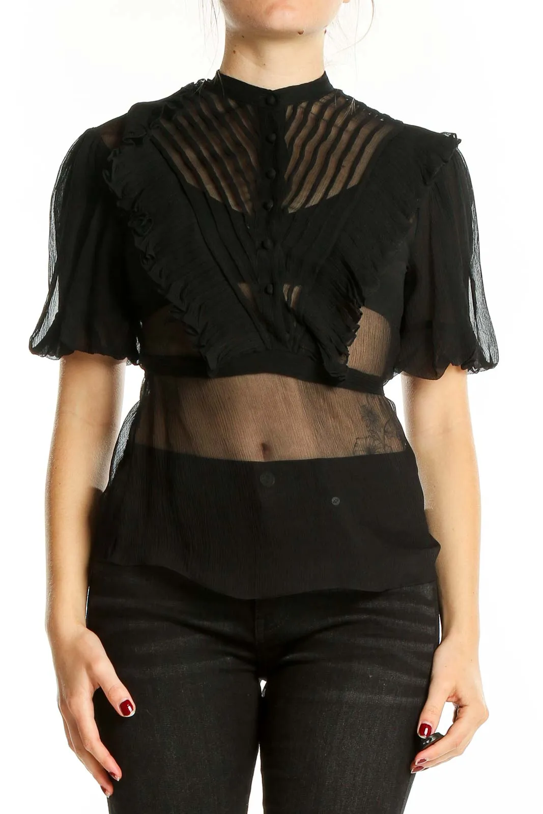 Black Sheer Puff Sleeve Crop Top