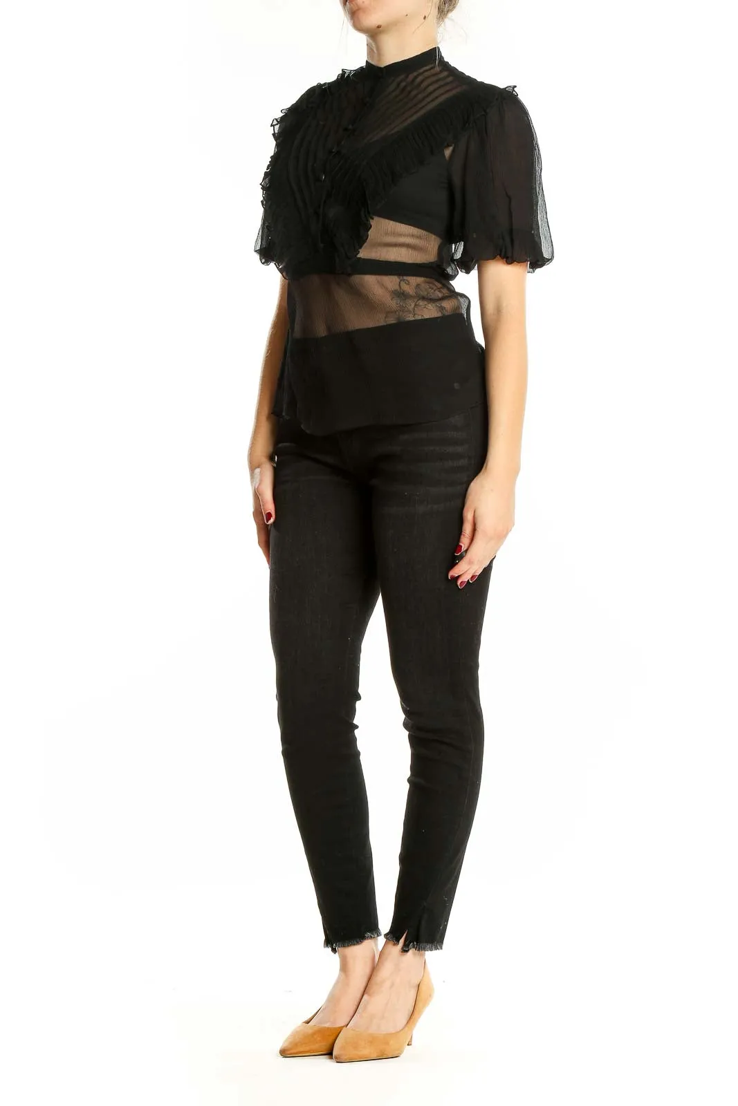 Black Sheer Puff Sleeve Crop Top