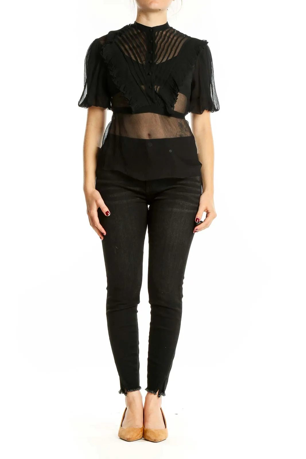 Black Sheer Puff Sleeve Crop Top