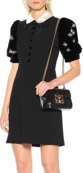 Black Velvet-Sleeve Embellished Mini Dress