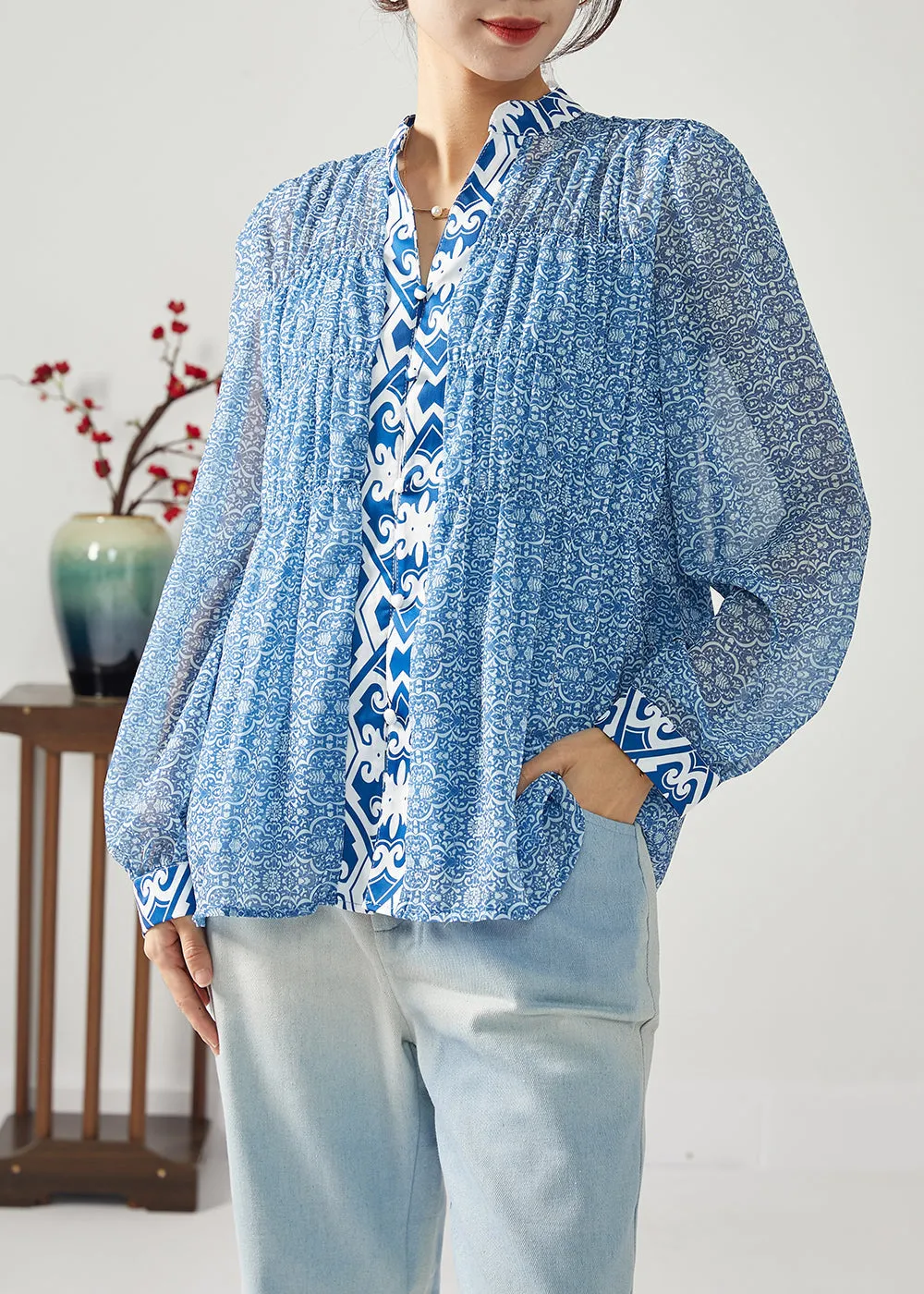 Bohemian Blue Print Patchwork Wrinkled Chiffon Blouses Spring LY1113