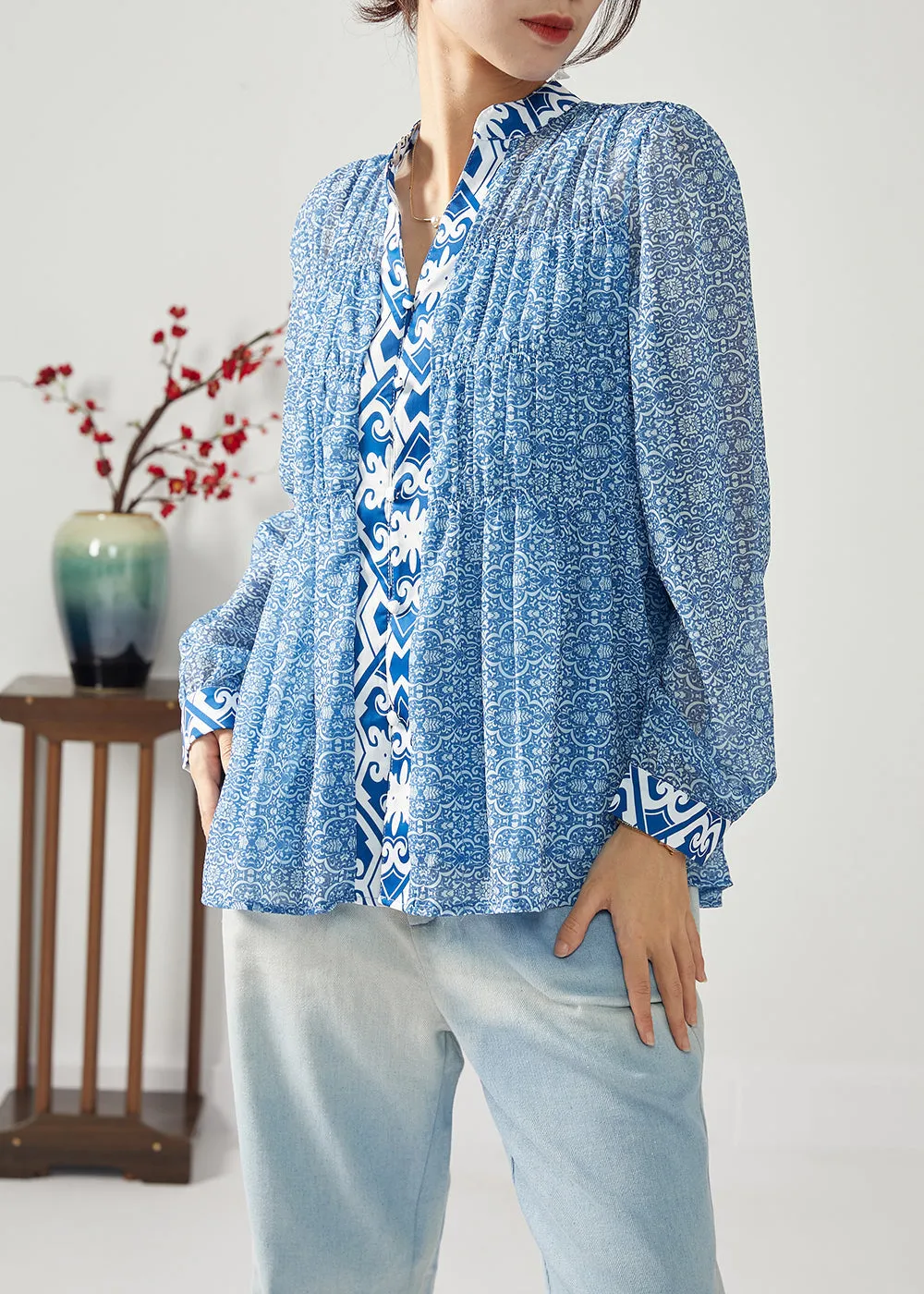 Bohemian Blue Print Patchwork Wrinkled Chiffon Blouses Spring LY1113