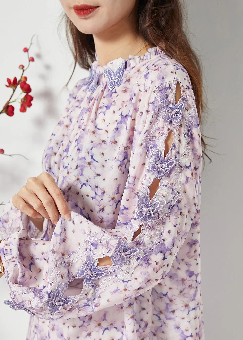 Bohemian Purple Print Hollow Out Chiffon Blouses Spring LC0391