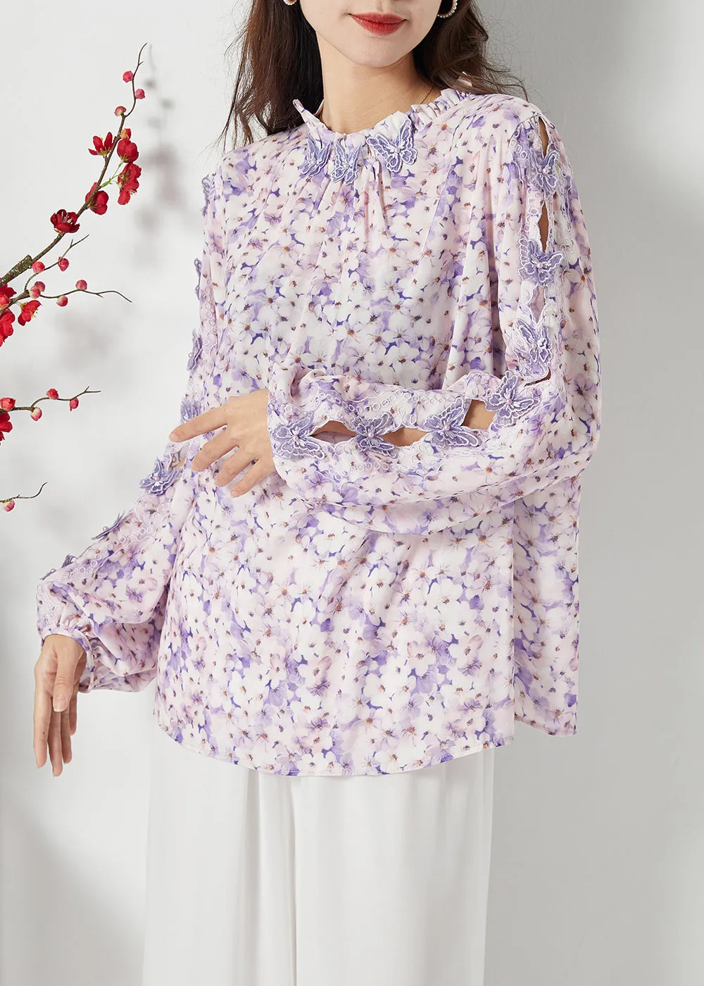 Bohemian Purple Print Hollow Out Chiffon Blouses Spring LC0391