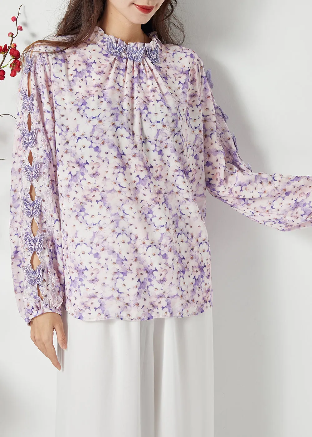 Bohemian Purple Print Hollow Out Chiffon Blouses Spring LC0391