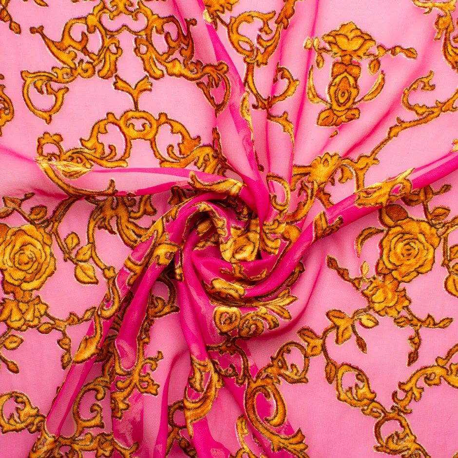 Bubble Gum Pink & Gold Filigree Printed Devoré Velvet