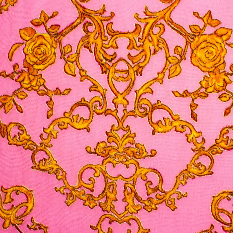 Bubble Gum Pink & Gold Filigree Printed Devoré Velvet