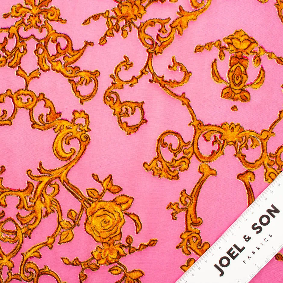 Bubble Gum Pink & Gold Filigree Printed Devoré Velvet