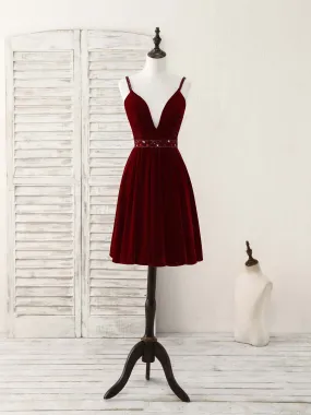 Burgundy V Neck Velvet Short Prom Dress, Burgundy Homecoming Dress