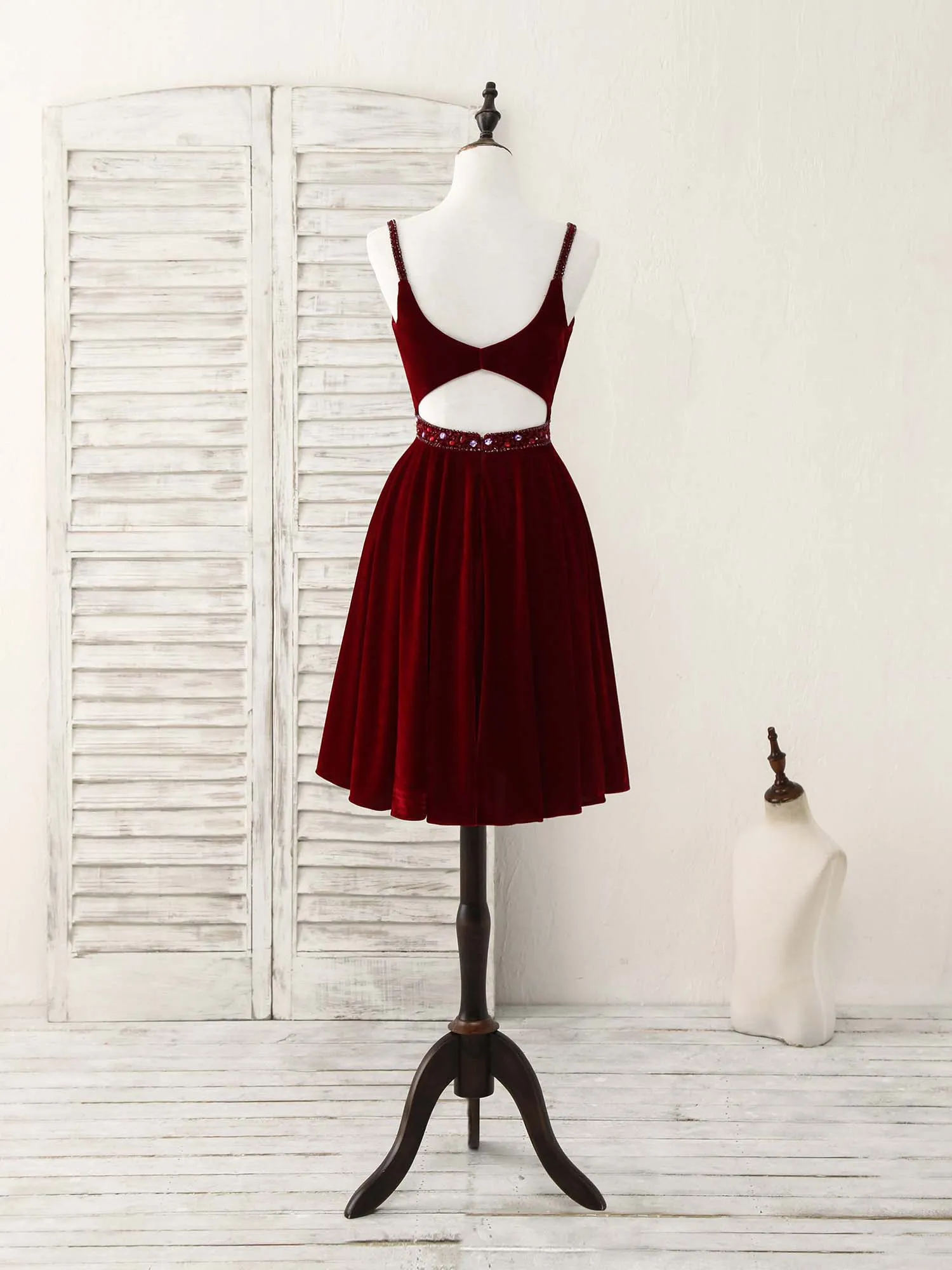 Burgundy V Neck Velvet Short Prom Dress, Burgundy Homecoming Dress