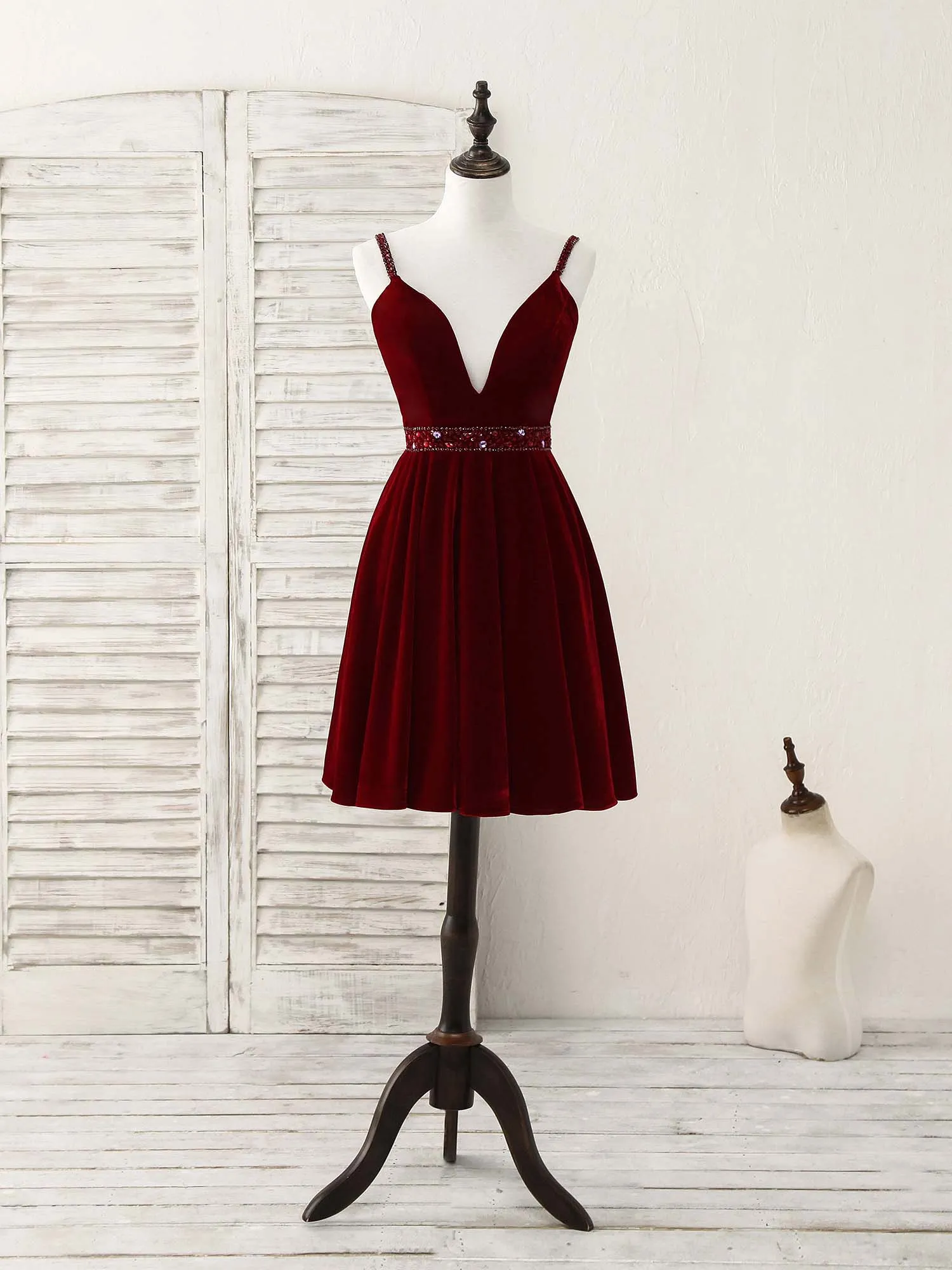 Burgundy V Neck Velvet Short Prom Dress, Burgundy Homecoming Dress