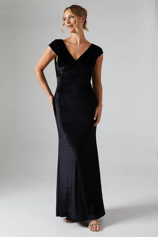 Cap Sleeve Velvet Cowl Back Floor-length Bridesmaids Dress Wedding Guest Dresses