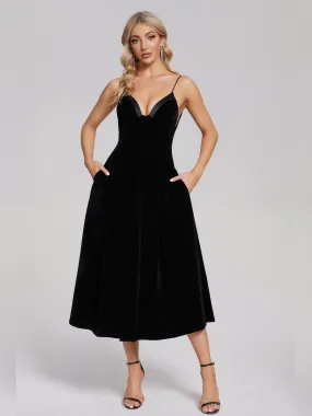 Cassidy Black Tea Length Velvet Dresses