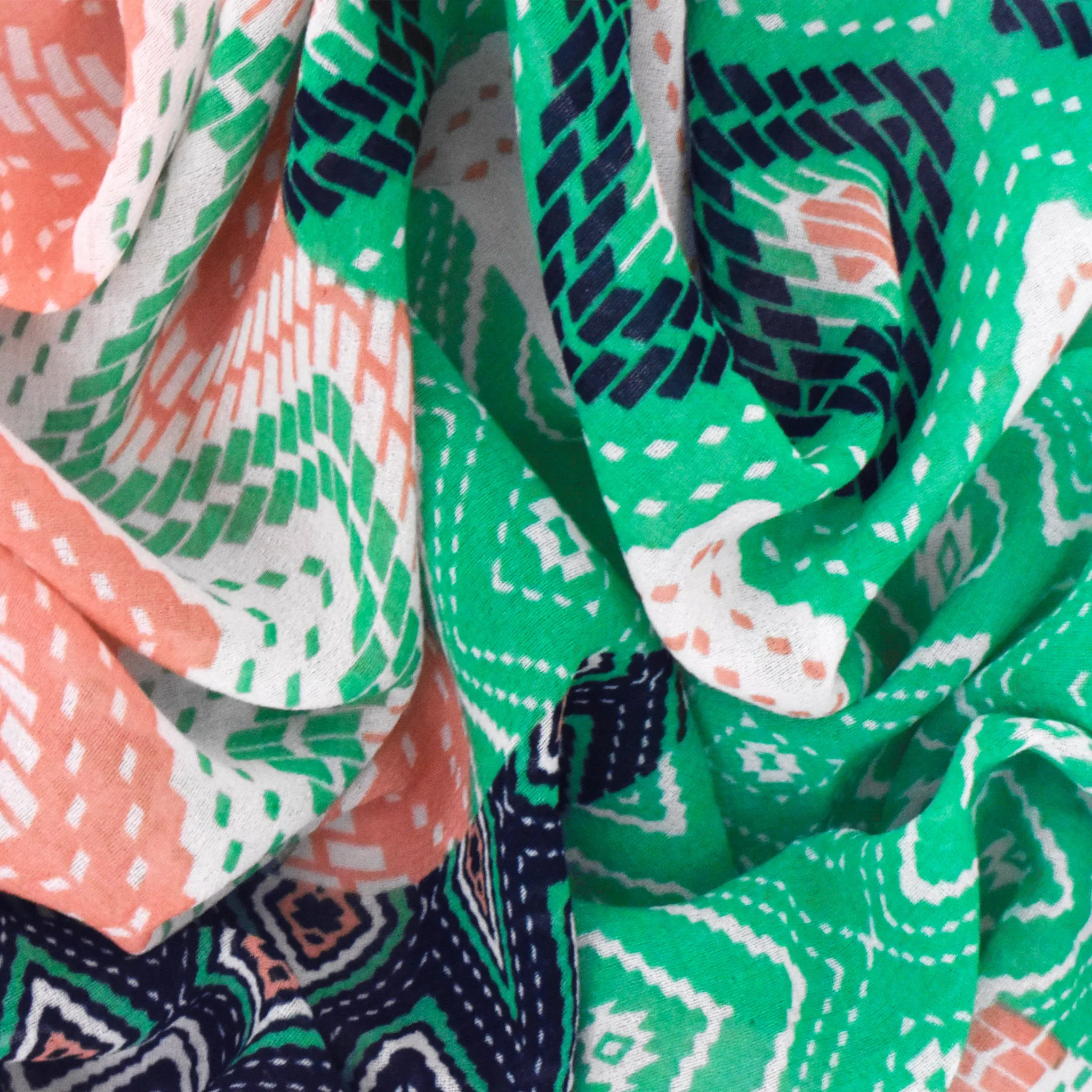 Coral Orange-Green-Multi Chevron Patch Printed Chiffon Woven Fabric