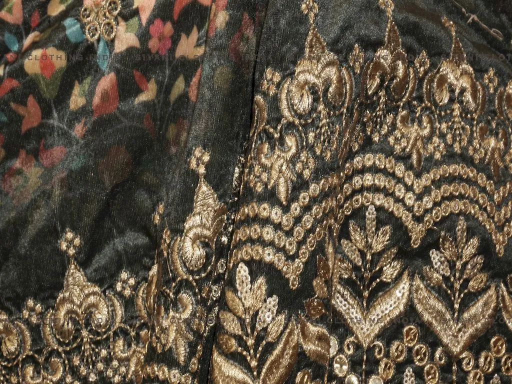 Dark Green Floral Printed And Zari Embroidered Velvet Fabric