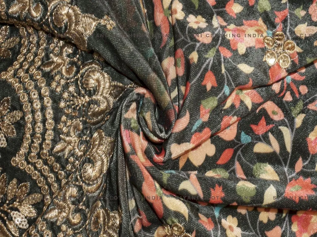 Dark Green Floral Printed And Zari Embroidered Velvet Fabric