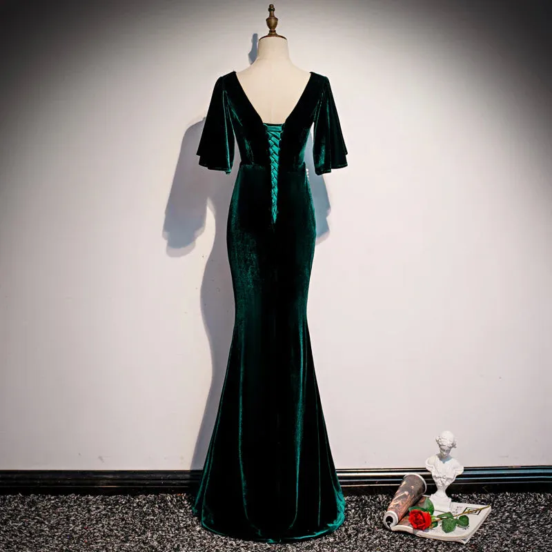 Dark Green Velvet Mermaid Slit V-neckline Formal Dress Party Dress Long Evening Dresses