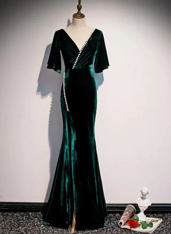 Dark Green Velvet Mermaid Slit V-neckline Formal Dress Party Dress Long Evening Dresses