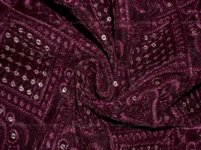 Dark Wine Sequins And Thread Embroidered Velvet Fabric