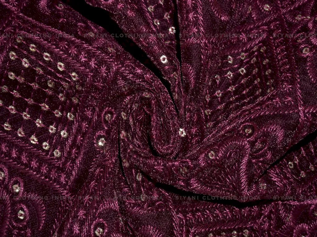 Dark Wine Sequins And Thread Embroidered Velvet Fabric