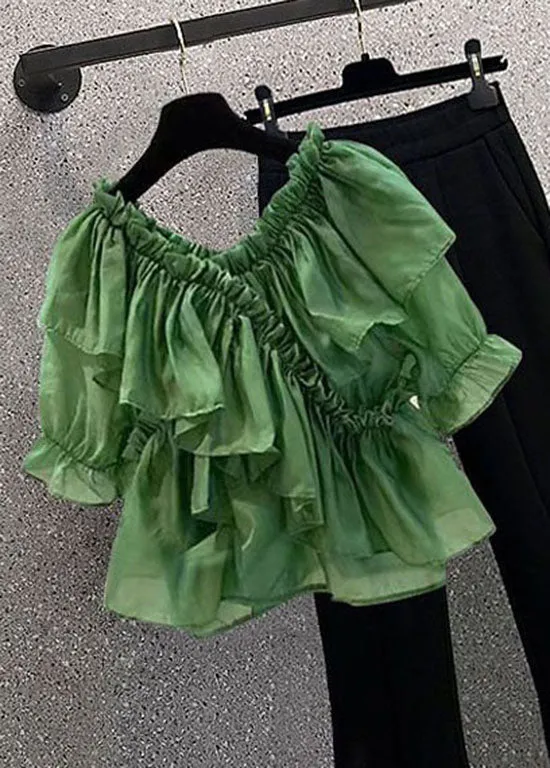 DIY Green Ruffled Patchwork Chiffon Blouses Summer LY0611