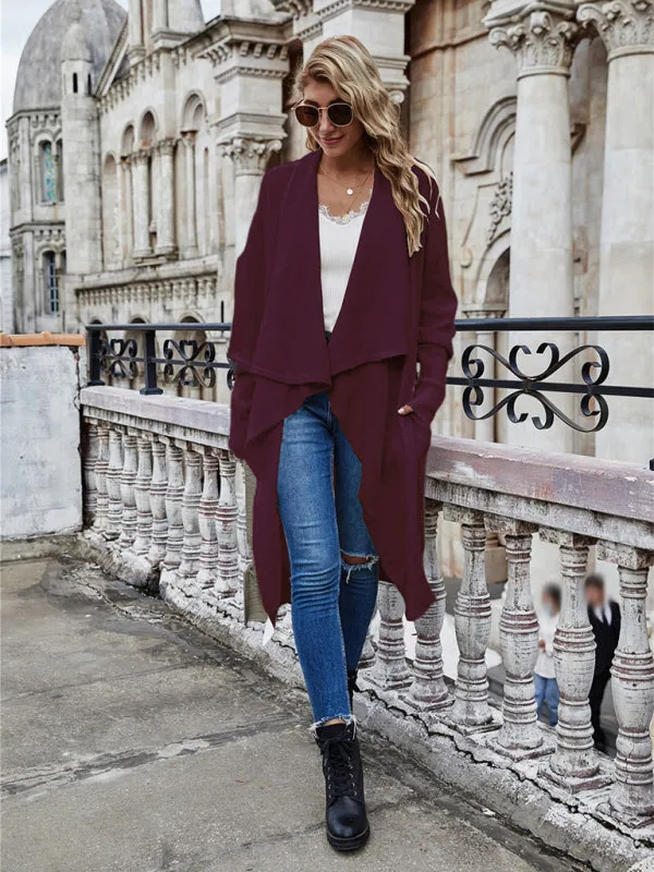 Drape Knitted Waterfall Collar Pocketed Cardigan Coat