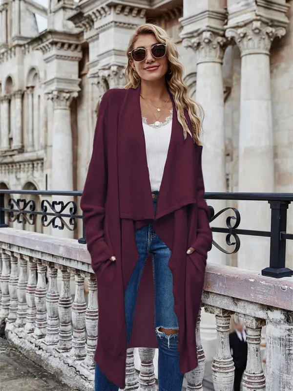 Drape Knitted Waterfall Collar Pocketed Cardigan Coat