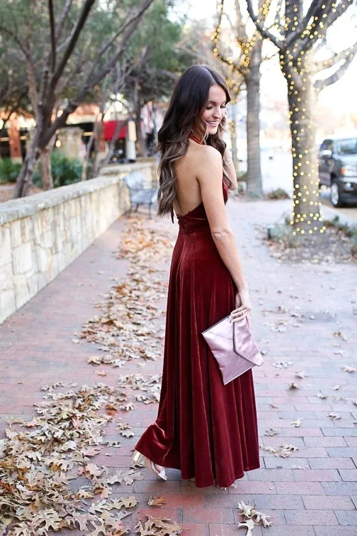 Elegant A-Line Halter Backless Burgundy Velvet Long Bridesmaid Dresses Prom Gown