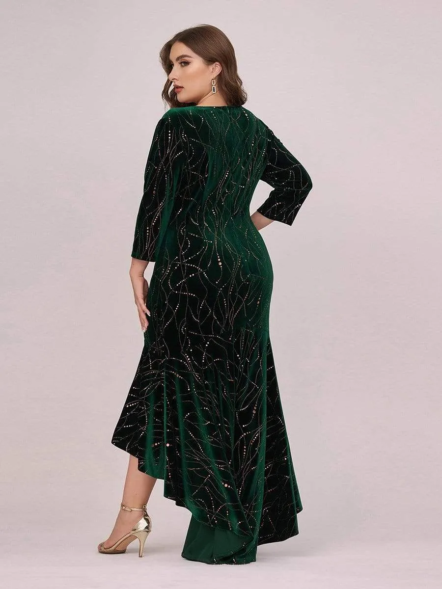 Elegant Plus Size Bodycon High-Low Formal Velvet Party Dress