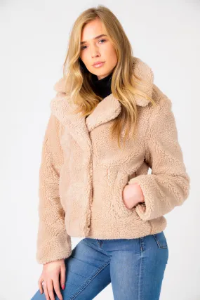 Flamingo Biker Style Borg Teddy Jacket In Oatmeal - Weekend Vibes