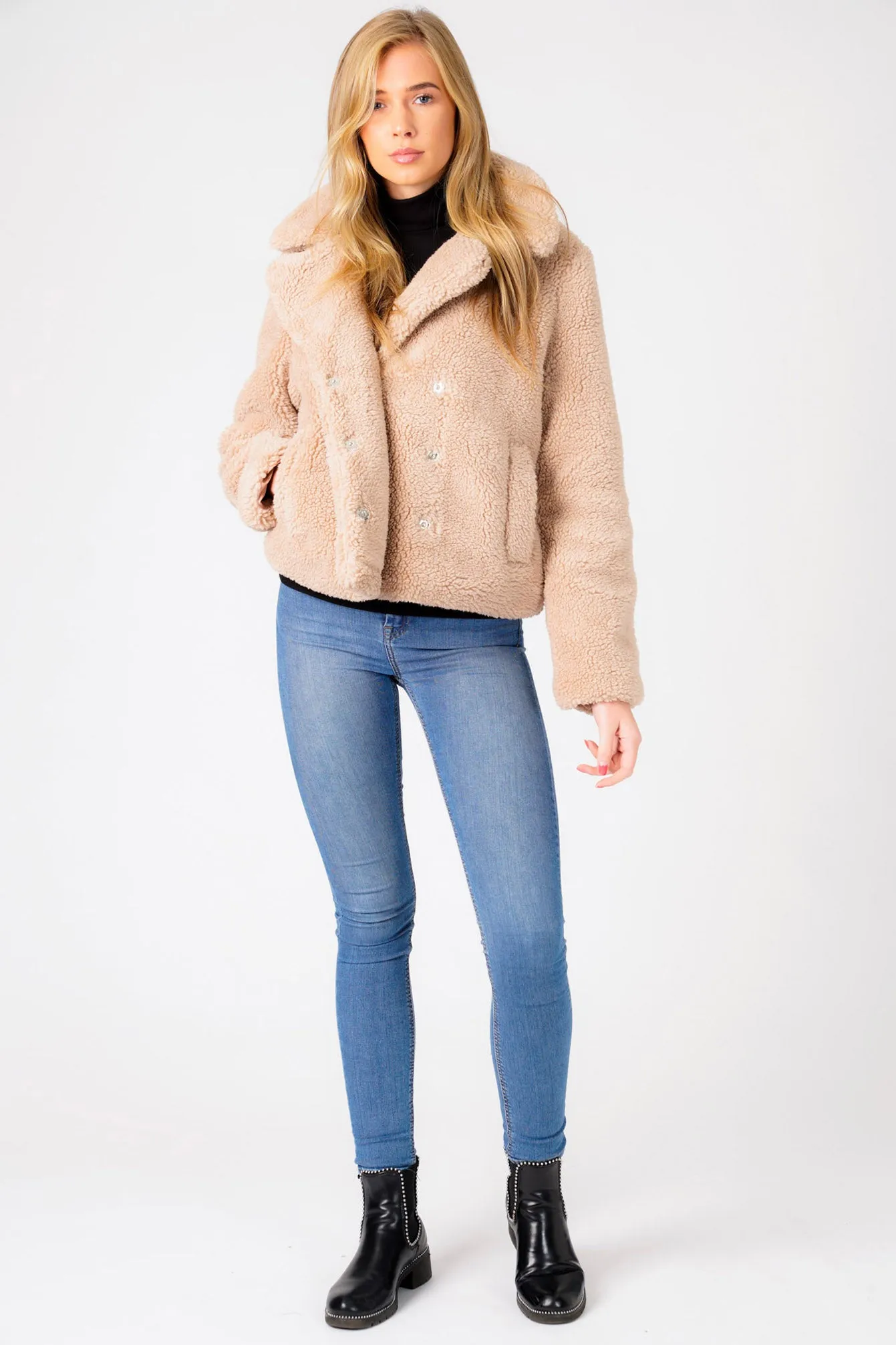 Flamingo Biker Style Borg Teddy Jacket In Oatmeal - Weekend Vibes