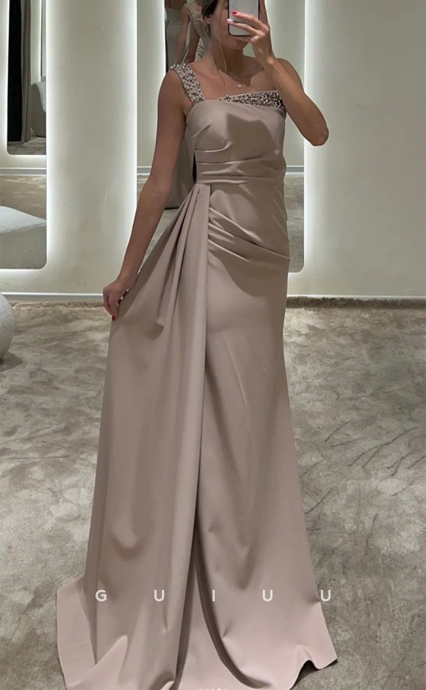 G3058 - Chic & Modern One Shoulder Beaded Pleats Satin Long Formal Prom Dress