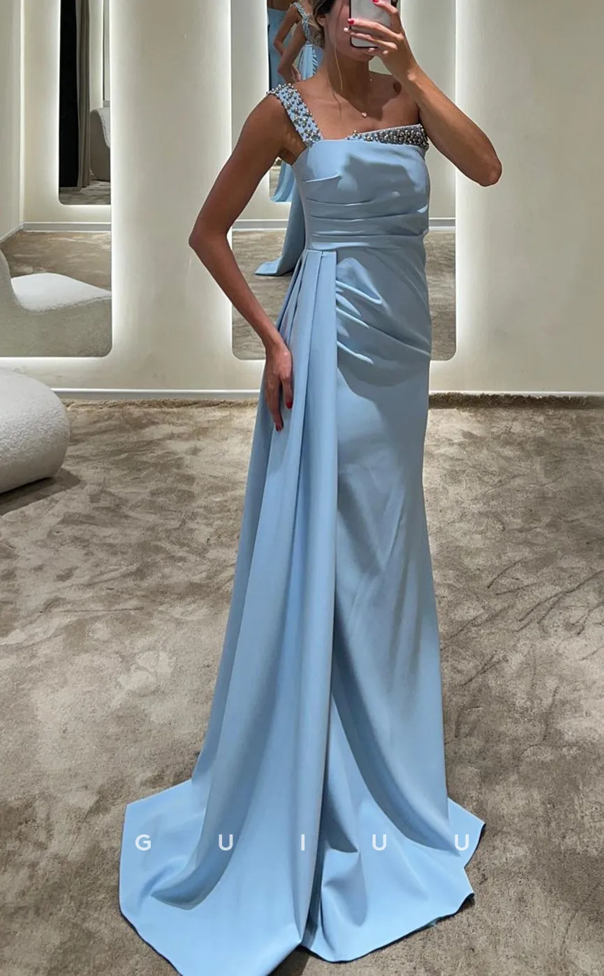 G3058 - Chic & Modern One Shoulder Beaded Pleats Satin Long Formal Prom Dress