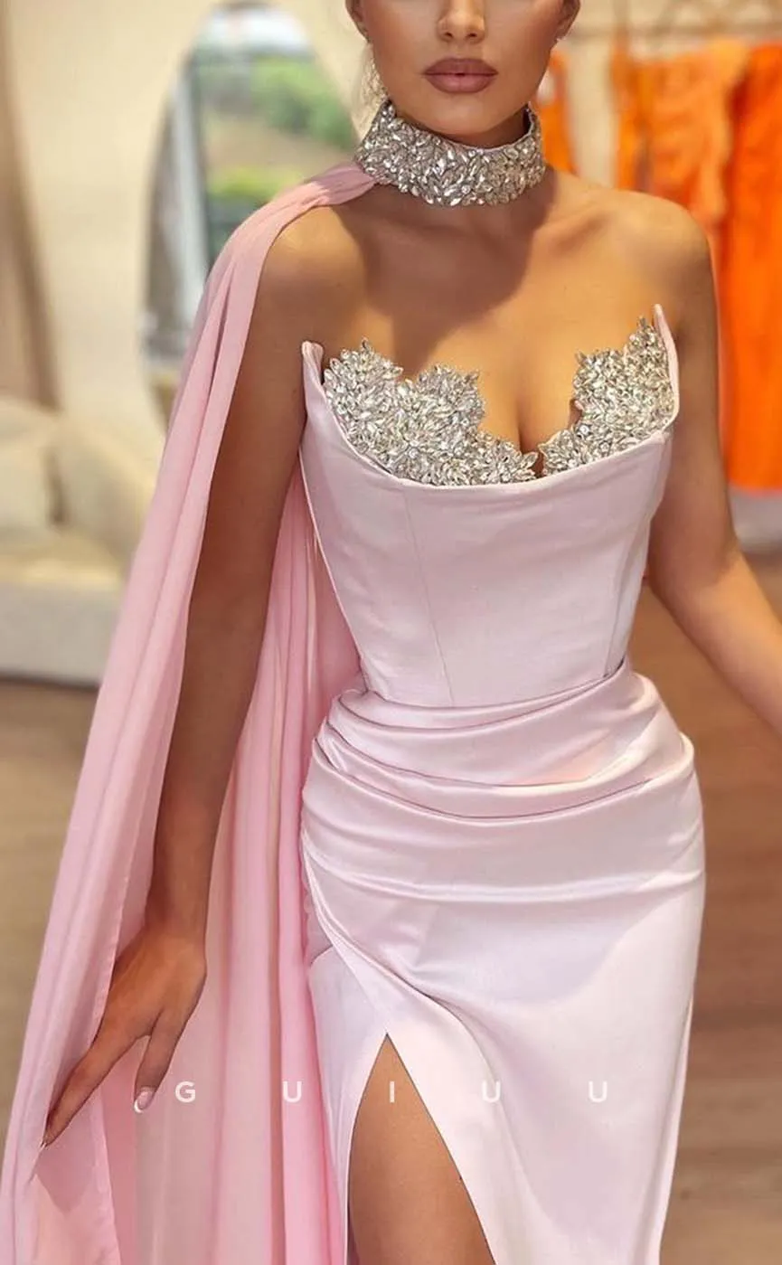 G3176 - Elegant & Luxurious Beaded Strapless Long Formal Prom Dresses With Shawl