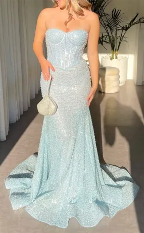 G3239 - Elegant Sheath Strapless Beaded Baby Blue Long Formal Prom Dresses