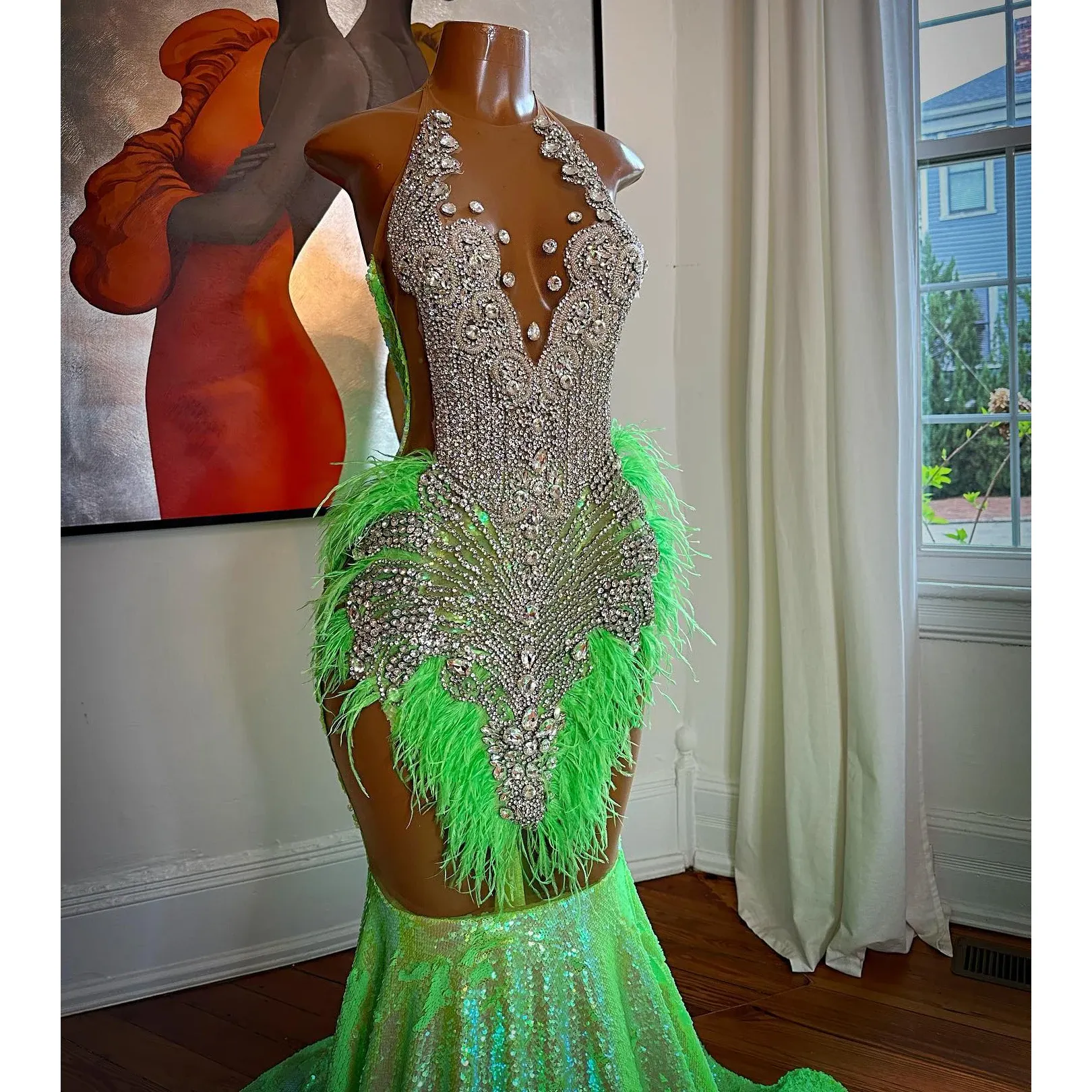 Glitter Green Mermaid Prom Dress 2024 Black Girls Luxury Crystal Beaded Long Prom Gowns Sexy Halter Feather Prom Dresses