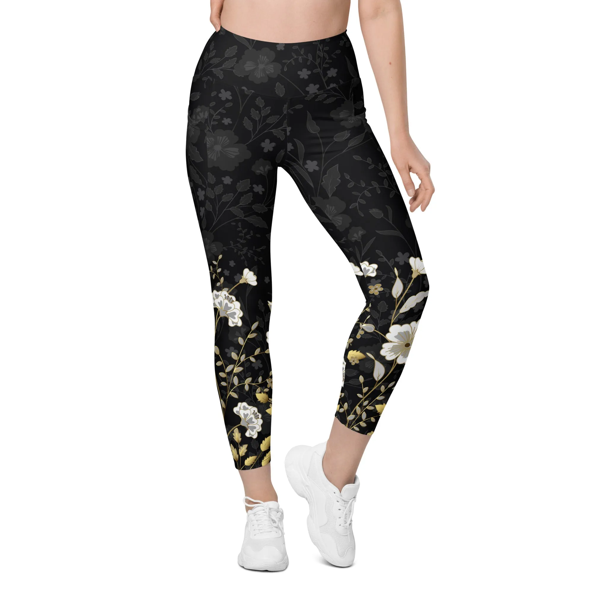 Golden Floral Leggings With Pockets