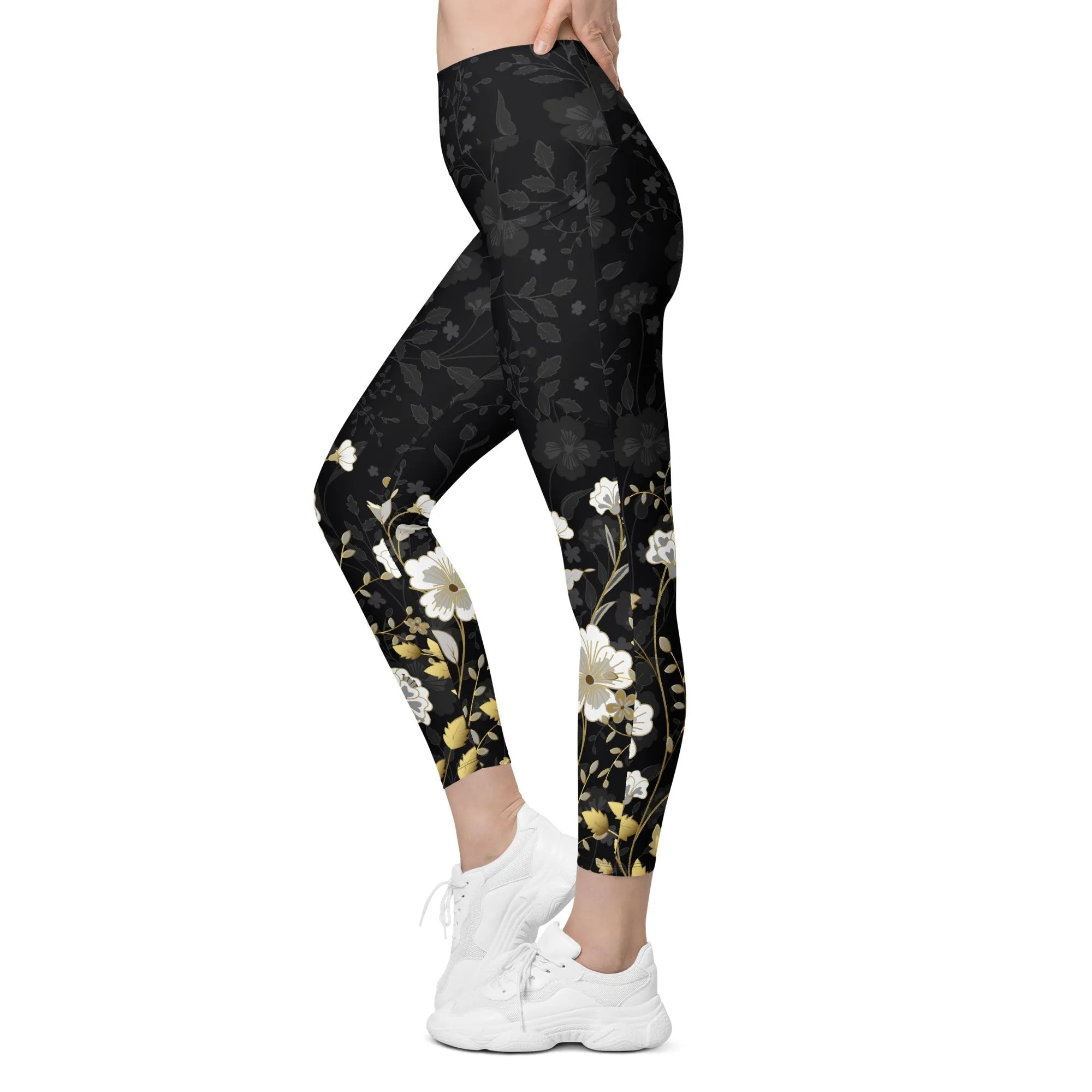 Golden Floral Leggings With Pockets