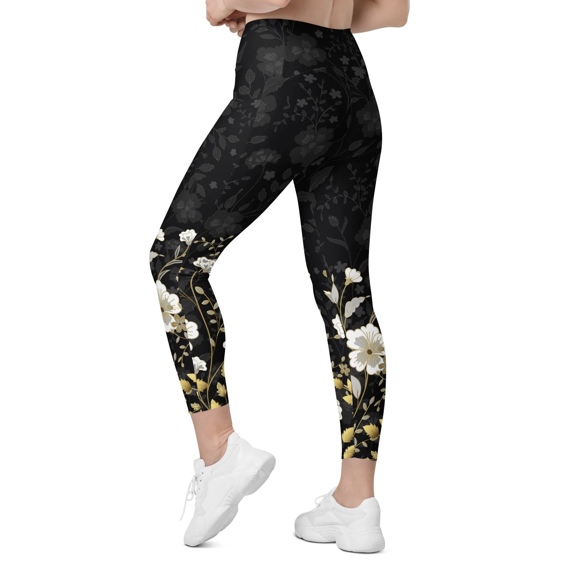 Golden Floral Leggings With Pockets