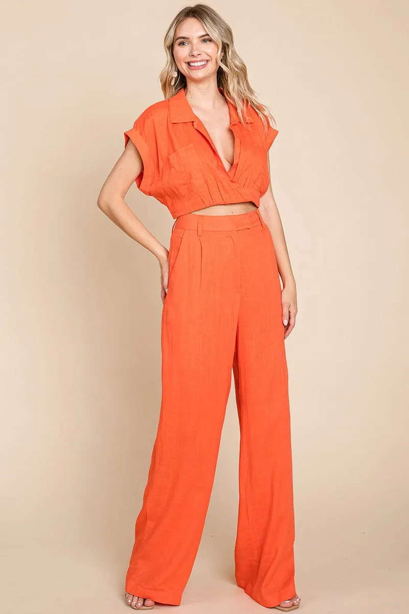 Hide Waist Wide Leg Pants and Crop Top Linen Sets