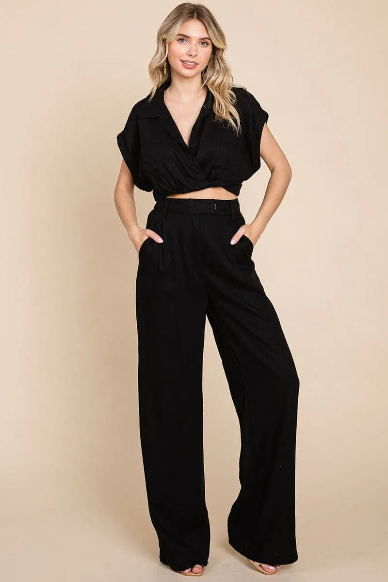 Hide Waist Wide Leg Pants and Crop Top Linen Sets